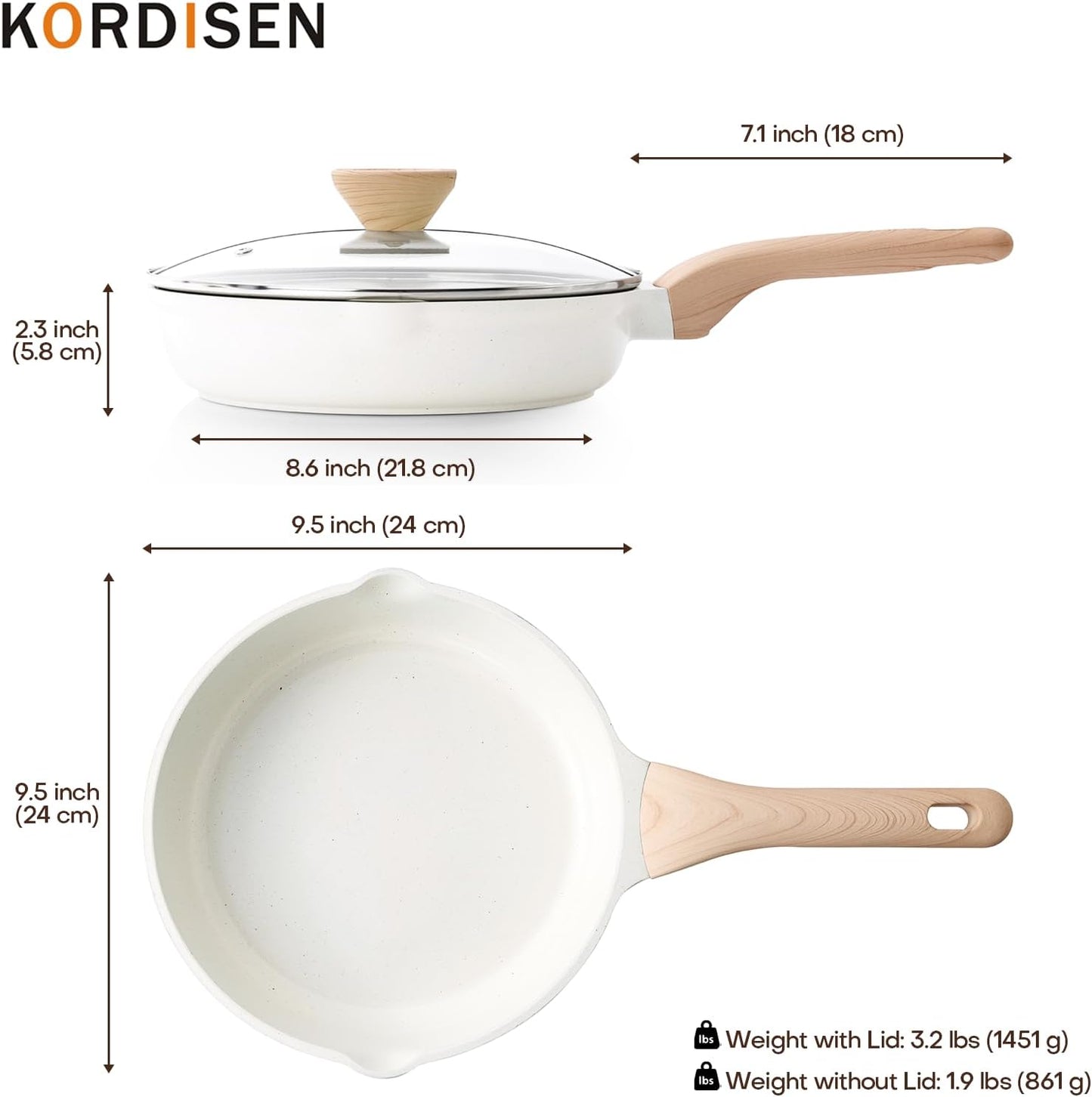 Kordisen Ceramic Non Stick Frying Pans Skillet with Lid, 9.5 Inch Ceramic Frying Pan Nonstick for Cooking Non Toxic, Healthy Induction Cookware, Heat Resistant Handle, PFOA & PFAS Free