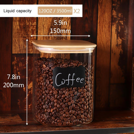 Large Glass Flour and Sugar Containers, Set of 2-120 oz Glass Food Storage Containers with Airtight Lids, Square Jars with Bamboo Lids for Rice, Pasta, Cookies, Sugar