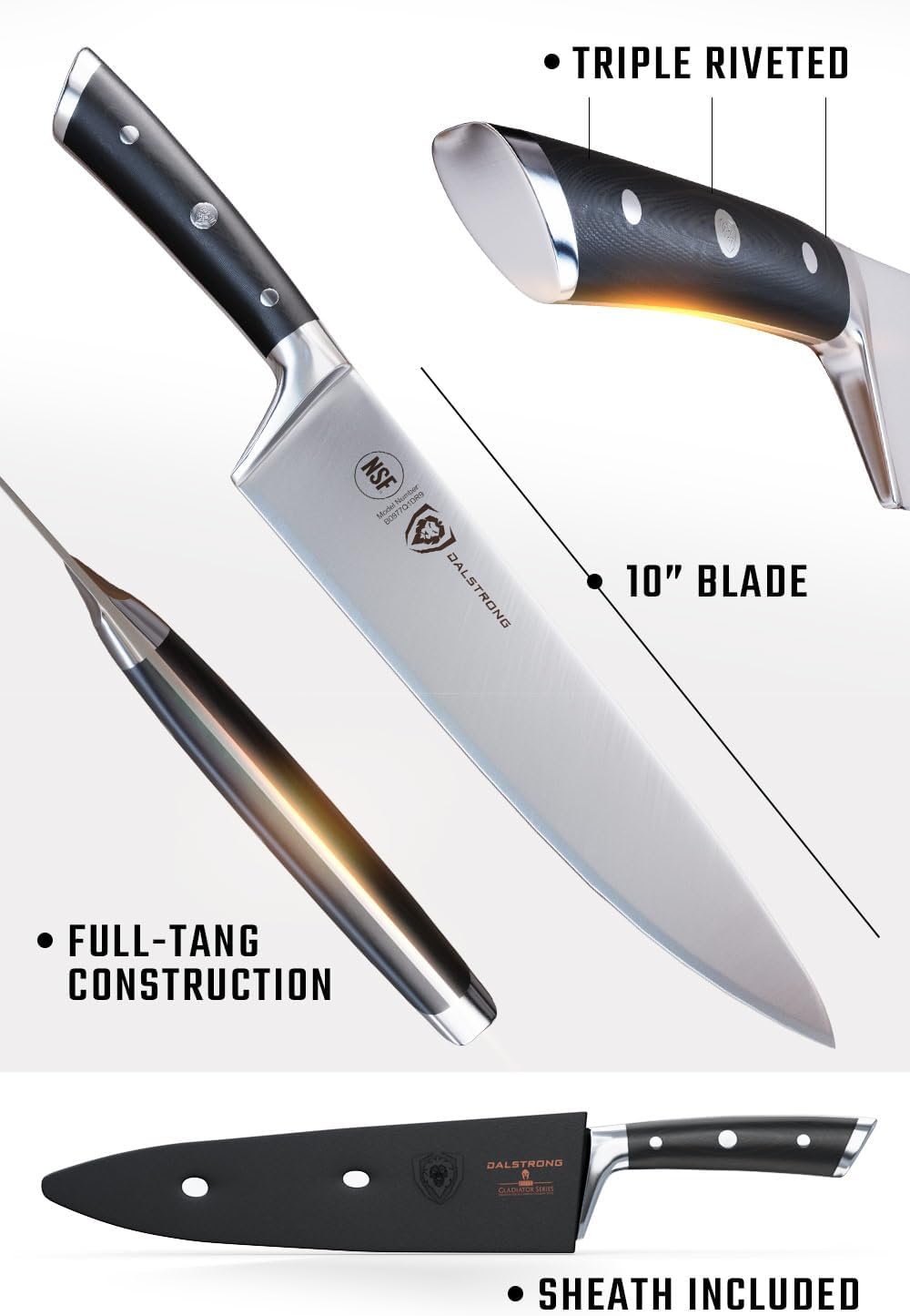 Dalstrong Chef Knife - 10 inch - Gladiator Series Elite - Forged High Carbon German Steel - Razor Sharp Kitchen Knife Gift - Full Tang - Black G10 Handle - Sheath Included - NSF Certified