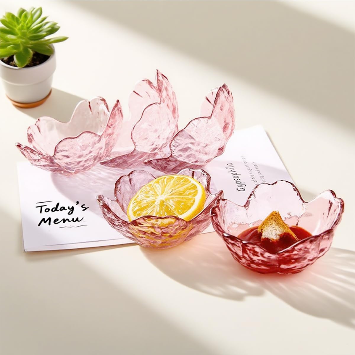 6 Pcs Pink Sakura Sauce Dishes Set, 3.34x1.37 inch Glass Cherry Blossom Dipping Bowls, Small Condiment Dishes for Soy Sauce, Sushi, Ice-Cream,Snacks, and Party Appetizers