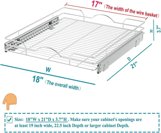 OCG Pull Out Cabinet Organizer 2 Pack (18" W x 21" D), Pull out Shelves 1 Tier, Cabinet Slide Out Shelves for Base Cabinet Organization in Kitchen Bathroom Pantry, Bottom Mount, Chrome Finish