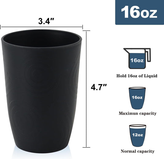 Wheat Straw Cups 6 PCS Plastic Cups Reusable Unbreakable Drinking Cup Dishwasher Safe Water Glasses with Unique Pattern(16 OZ,Black Grey)