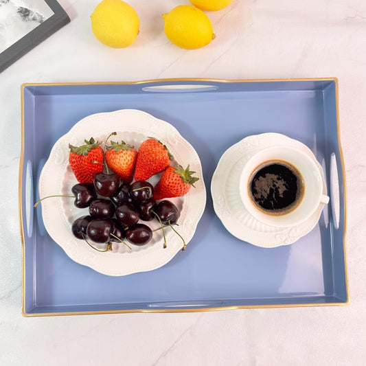 Blue Serving Tray with 4 Handles, Plastic Decorative Tray for Coffee Table, Ottoman - Ideal for Living Room & Bathroom. 15” x 11” x 1.9”