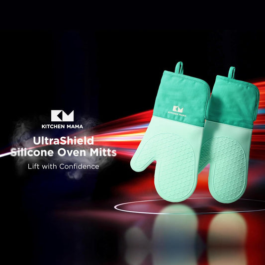 Kitchen Mama UltraShield Silicone Oven Mitts – Heat Resistant, Non-Slip Surface, Durable, Safe, Pot Holders, Flexible Waterproof Glove Set, Perfect for Cooking, Baking, Grilling, BBQ (Teal)