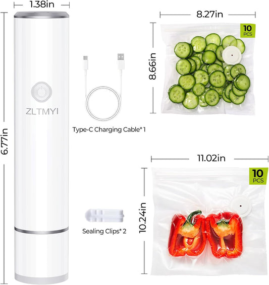 Handheld Vacuum Sealer for Food, Compact Portable Food Saver Pump with 20 BPA‑Free Reusable Vacuum Bags Type-C Rechargeable, Ideal for Sous Vide, Meal Prep, Leftovers & Freezer Storage