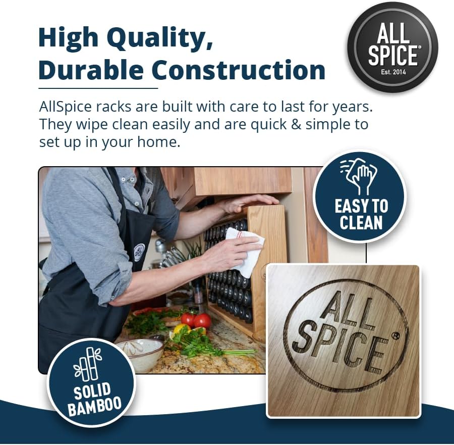 AllSpice Spice Rack Organizer, Wood, 525 Unique Labels, Countertop or Wall Mount, Includes 30 4oz Jars- Matte White