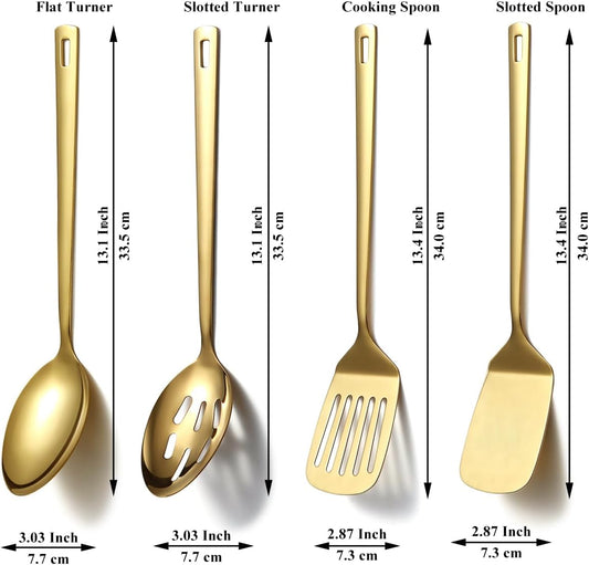 Homquen Gold Kitchen Utensils Set 4pcs, Titanium Gold Plating Stainless Steel Cooking Utensils Set, Kitchen Tools Spatulas Set, Cooking Spoons, Home Essentials Kitchen Gadgets Accessories