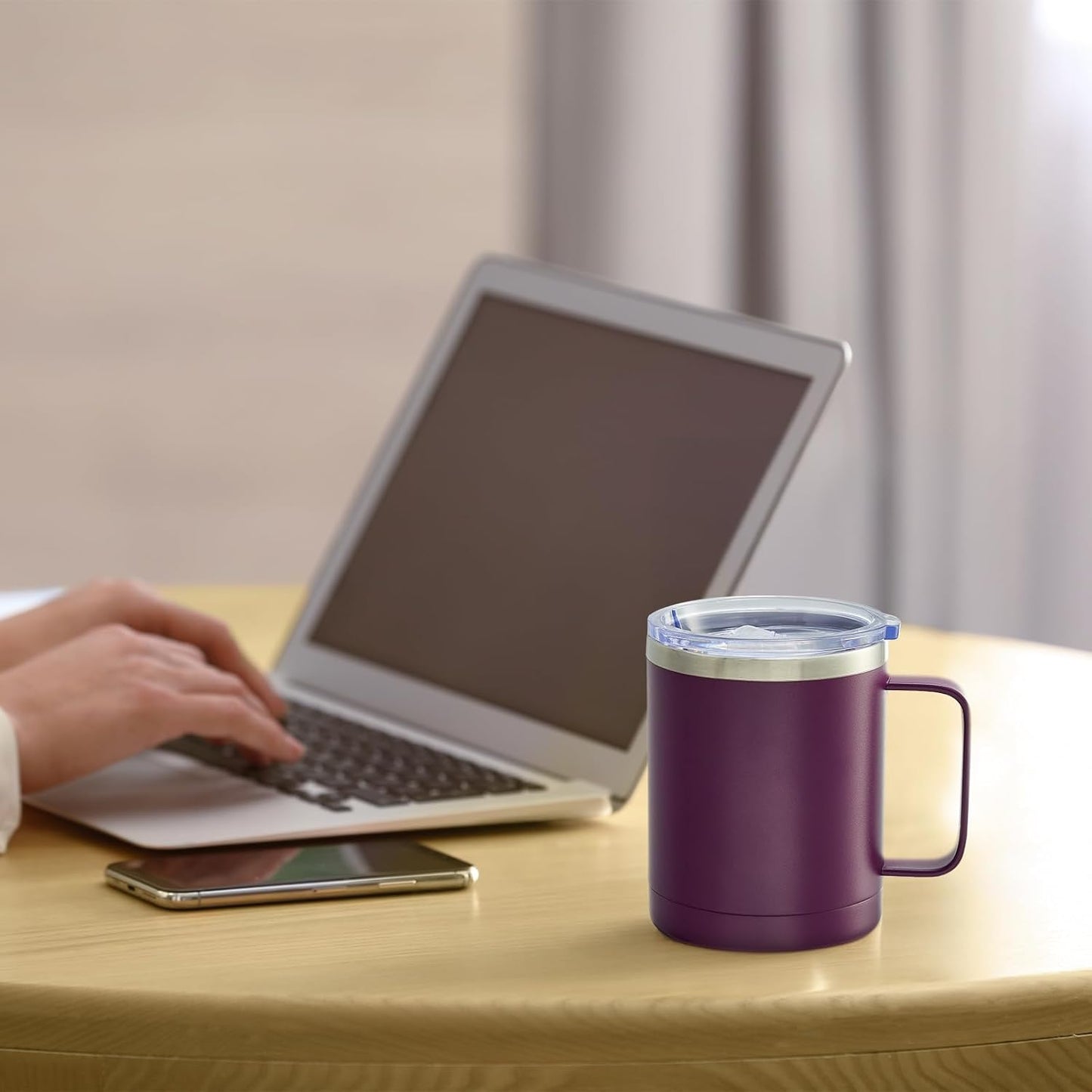 MEWAY 12oz Coffee Mug With Handle 2 Pack Bulk,Stainless Steel Insulated Travel Tumblers With Sliding Lid,Double Wall Vacuum Camping Cup for Hot & Cold Drinks Tea (Forest Green&Plum,Set of 2)