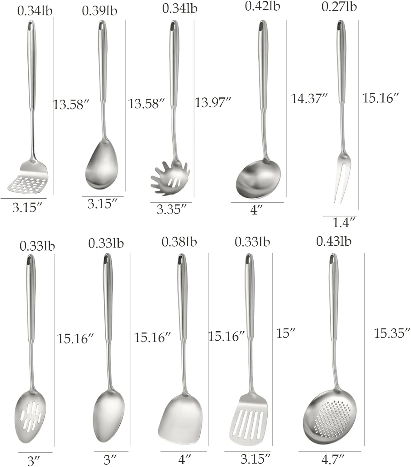 10 PCS Stainless Steel Kitchen Utensil Set Cooking Utensils, Potato Masher Solid Spoon Slotted Spoon Fork Spatula Ladle Skimmer Spoon Slotted Spatula Tunner Spaghetti Spoon Large Spoon