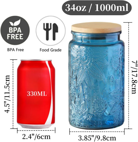 ANSQU Blue Glass Jars, 34oz Vintage Glass Kitchen Storage Counter Jar, Candy Jars with Lids, Decorative Mason Jars Hold Coffee Beans, Tea, Cookie, Sugar, Bath Salts (Blue, 2 Pack)