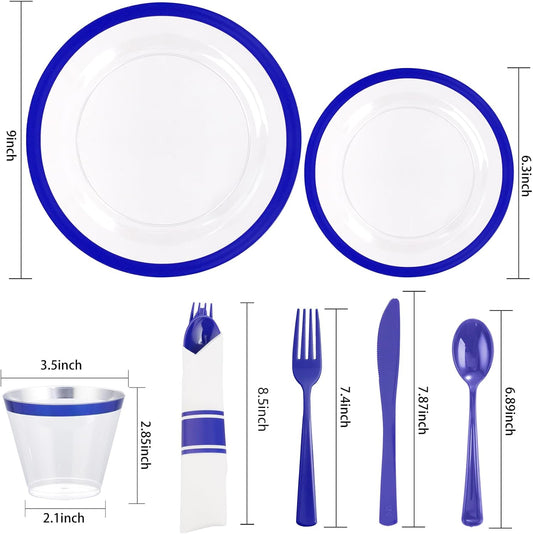 Liacere 350PCS Blue Plastic Plates - Clear with Blue Trim for 50Guests Dinnerware Include 100 Clear Plates disposable 150 Silverware 50Napkins for Wedding&Back to School&Labor Day