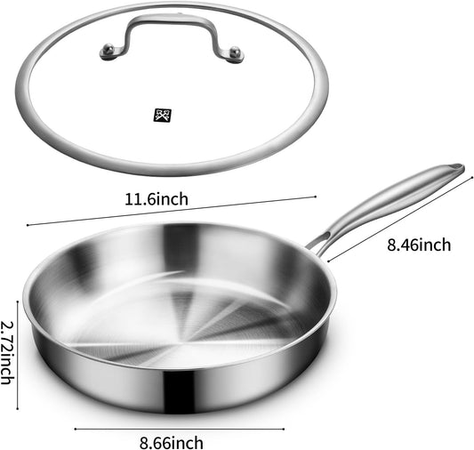 GOLDEN KEY 12 Inch Tri-Ply Stainless Steel Frying Pan, Stainless Steel Pans with Lid,Stainless Steel Skillet Induction All Cooktops, PFOA/PTFE Free Skillet,Health&Safety,Heavy Duty&Fast & Even Heat