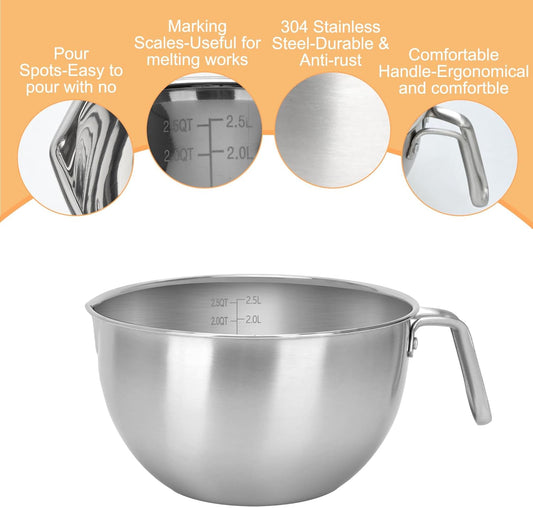 3PCS Double Boiler Pot Set, 2500ML/2.3QT Mixing Bowl with Scale 4000ML/ 3.6QT Stainless Steel Heating Pot with Silicone Spatula for Cheese Chocolate Candy Candle Soap Wax Melting (2500ml+4000ml)