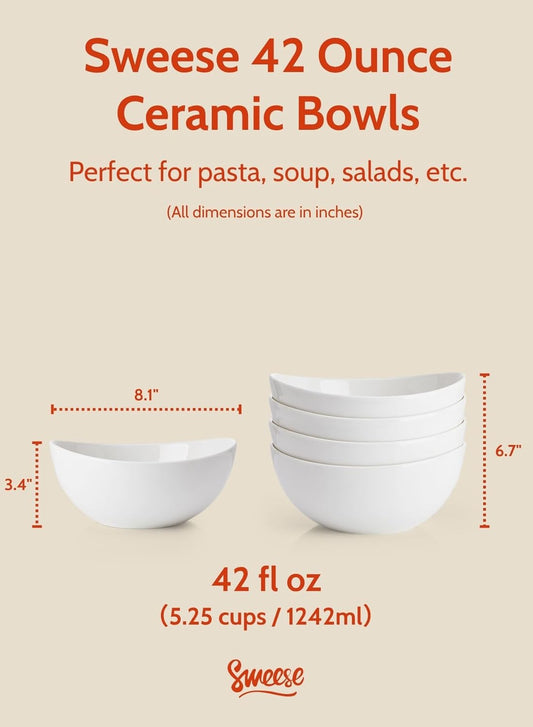 Sweese 42oz Porcelain Serving Bowls - Set of 4, 8-Inch White Bowls for Salad, Soup, Pasta & More - Microwave, Dishwasher & Oven Safe