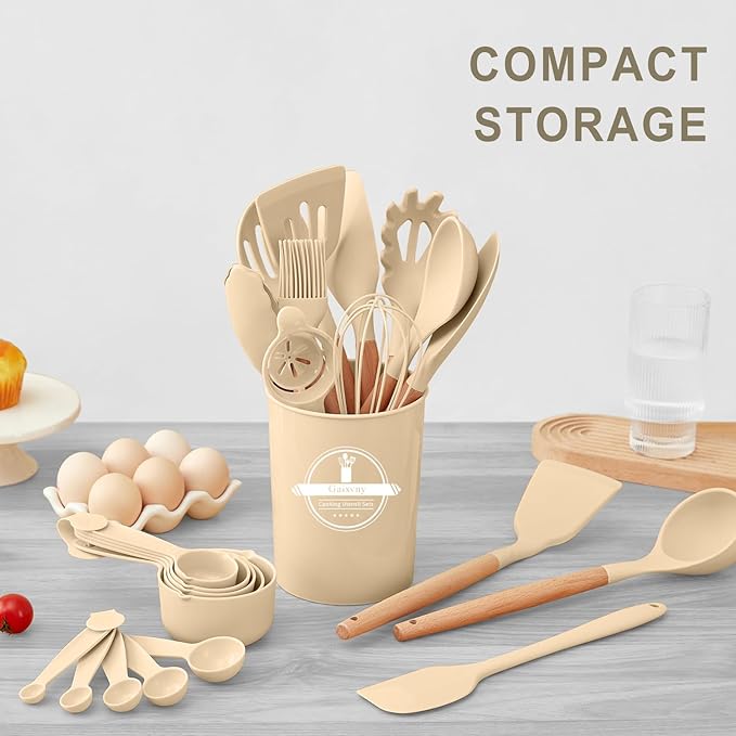 Kitchen Utensils Set - 34 PCS Non-Stick Silicone Cooking Utensils Set with Wooden Handle,Kitchen Gadgets Tools Set for Nonstick Cookware (Khaki-34P)