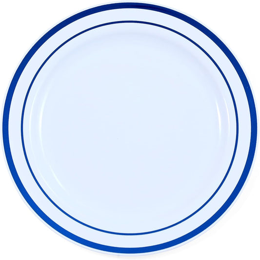 120-Piece Salad Plastic Plates Set - Premium Disposable Plates for Party - White with Blue Rim