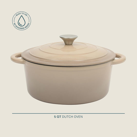 Gibson Home Addlestone 5 Qt Enameled Cast Iron Dutch Oven Pot with Lid – Round, Oven Safe to 500°F, Ideal for Bread Baking & Stews - Gradient Taupe