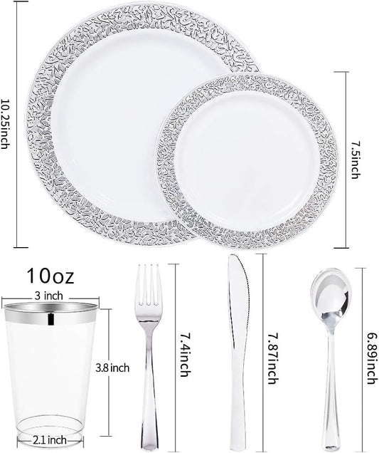 WDF 25Guest Silver Plastic Plates with Disposable Plastic Silverware &Silver Rim Cups- Include 25 Dinner Plates, 25 Salad Plates,25 Forks, 25 Knives, 25 Spoons&25 Cups for Christmas