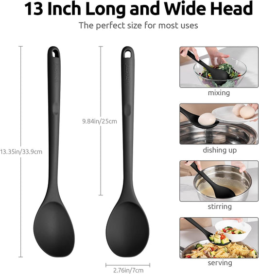 600ºF Heat Resistant Silicone Spoon: U-Taste 13.3in Solid Kitchen Cooking Spoon, Nonstick Food Grade Large & Long Soup Rubber Utensil for Mixing, Serving, Stirring, Basting, for Pot Cookware (Black)