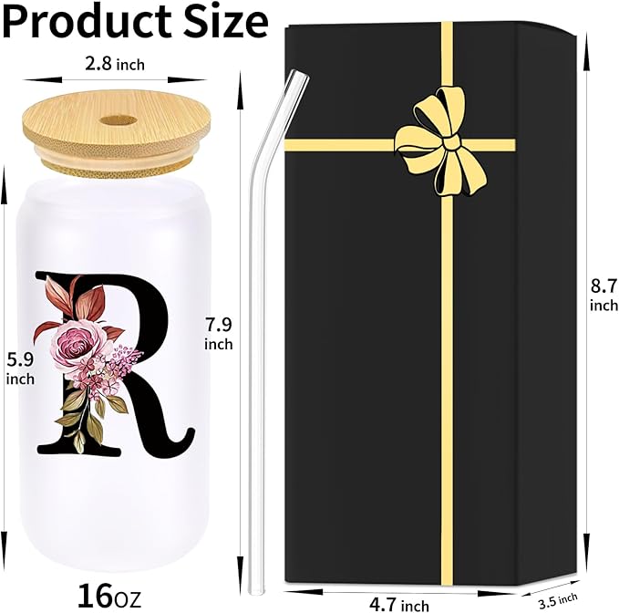 Monogrammed Glass Drinking Cup With Lid Straw Women Happy Birthday Christmas Xmas Day Holiday Gift for Female Boss Teacher Aunt Big Small Sister in Law Mother Stepmother Weding Groom Bride Officiant,R