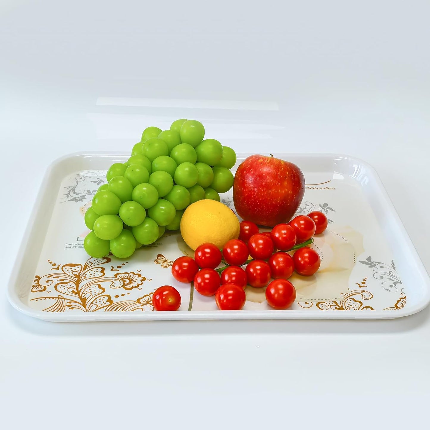 Large Serving Platter Melamine Trays 2 Pack Stackable Food Tray with Floral Print for Gift, Party, Decor, Home, Restaurant (Gold Rose, Large)