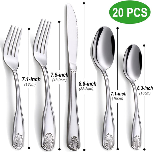 20-Piece Flatware Set, Stainless Steel Silverware Set for 4, Cutlery Set with Shell Pattern, Fork Spoon Knife Set, Dishwasher Safe