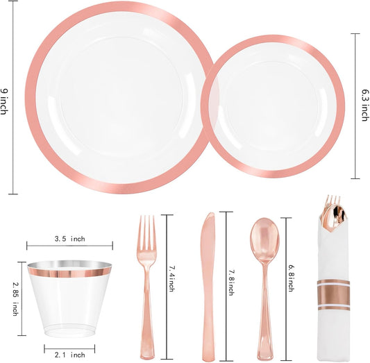 Liacere 350PCS Rose Gold Plastic Plates - Clear with Rose Gold Rim for 50Guests Dinnerware - Include 100 Plates disposable 150 PCS Silverware 50 Napkins for Wedding&Party