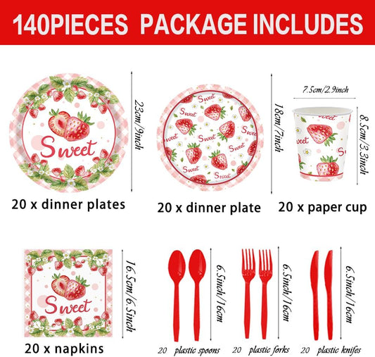 140 Pcs Strawberry Birthday Decorations Berry First Birthday Decorations Strawberry Themed Plates Cups and Napkins Sets Serves 20