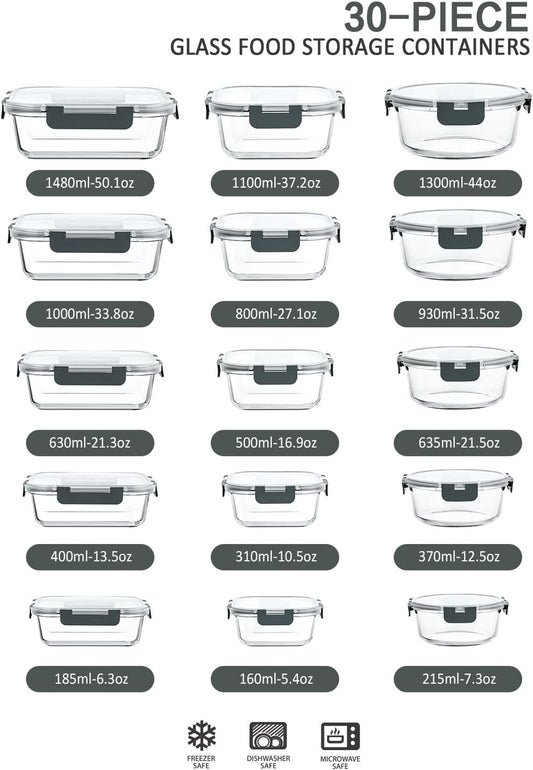 M MCIRCO 30 Pieces Glass Food Storage Containers with Snap Locking Lids,Glass Meal Prep Containers Set - Airtight Lunch Containers, Microwave, Oven, Freezer and Dishwasher