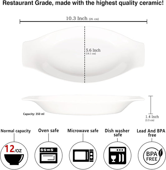 5 x 8 Inch Ceramic Oval Au Gratin Baking Dishes 12 OZ, Set of 4 Banana Split Bowls, for 1 or 2 Person Servings, Bakeware with Handle(10.3 IN) for Kitchen and Home, Oven & Microwave Safe
