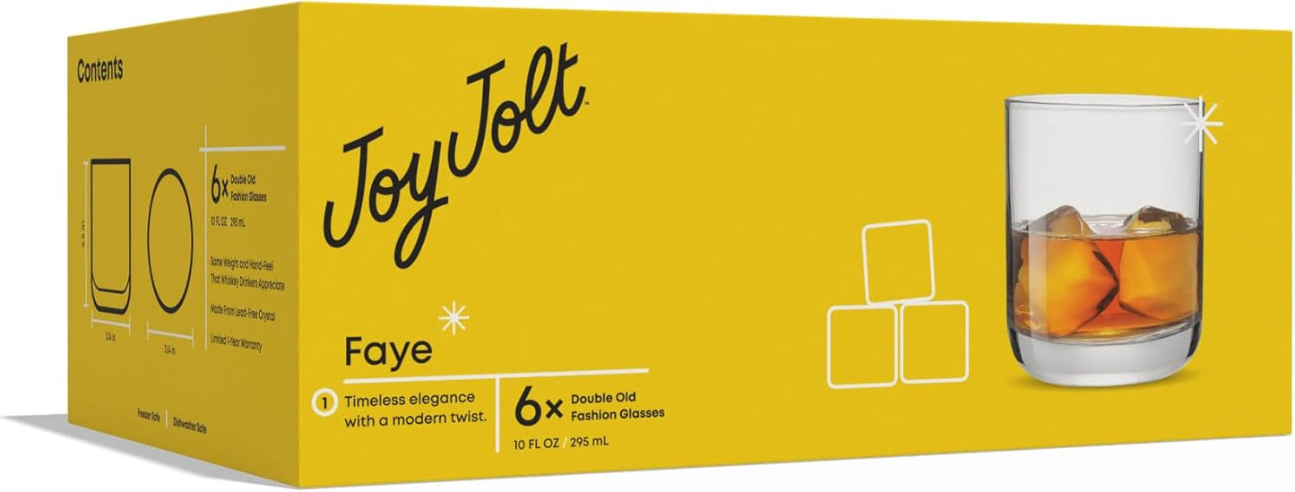 JoyJolt Faye Crystal Whiskey Glasses, Lowball Glasses Set of 6, 10oz Short Glass Tumbler, Double Old Fashioned Rocks Glass for Scotch or Bourbon, Dishwasher Safe Glassware