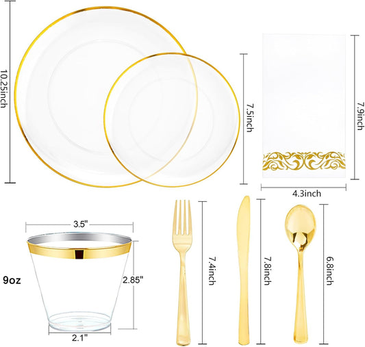 NOCCUR 350PCS Clear and Gold Plastic Plates - Gold Disposable Plastic Dinnerware Set for 50 Guests Include 100 Plastic Plates, 150 Gold Cutlery, 50 Cups&50 Napkins Idea for Wedding/Party/Thanksgiving