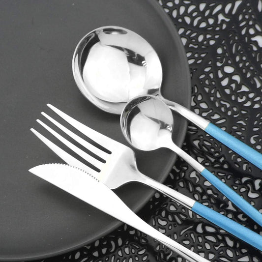 Mirror Silverware Set,24-Piece 304 Stainless Steel Shiny Flatware Set,Kitchen Utensil Set,Tableware Cutlery Set for Home and Restaurant, Dishwasher Safe Service For 6 (Blue/silver)