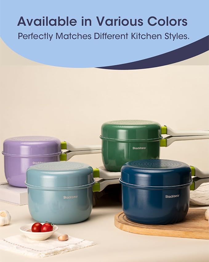 Ceramic Non Stick Sauce & Frying Pan Set, 2.5QT Saucepan, 7" Egg Omelette Pan & 18/10 Stainless Steel Steamer, Induction Cookware Set for Quick Meals, PTFE, PFOA & PFAS Free, Light Blue