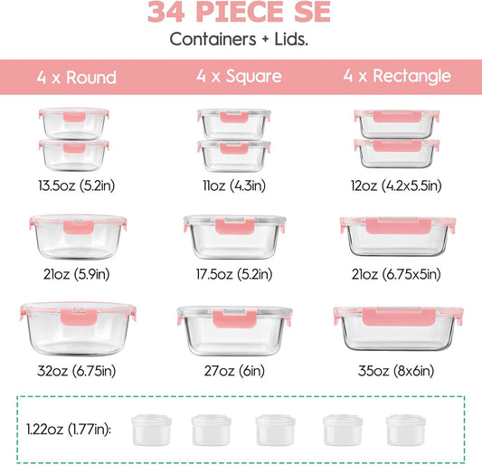 34pcs Glass Food Storage Containers with Lids Set, Airtight Glass Meal Prep Containers (17 Containers & 17 Lids), Leak Proof Lunch Containers BPA-Free, Microwave, Oven, Freezer, Dishwasher Safe-PINK