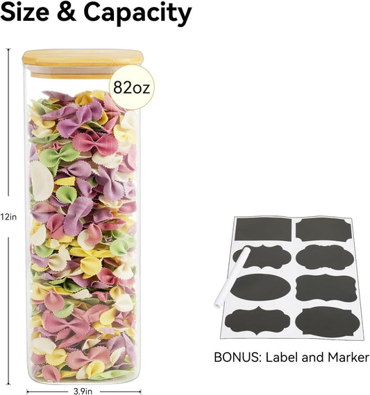 82 Oz Glass Storage Containers with Bamboo Lids, Square Glass Canister Sets Clear Glass Pantry Storage Containers with Lids for Cookie Flour Oat Pasta Tea Coffee Bean, Set of 3