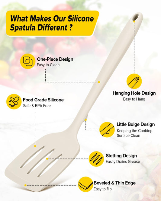 Pack of 2 Silicone Spatula Turners, Non Stick Slotted Kitchen Spatula Set, Heat Resistant BPA Free Kitchen Utensils, One-Piece Design, Suitable for Flipping Fish, Eggs, Steak, Pancakes(KHAKI)