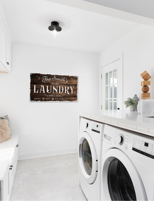 IPIC - Personalized Laundry Room Sign, Custom Canvas Wall Art with Family Name, Rustic Home Decor Printed Acid-Free Cotton Canvas for Business and Home, Made in USA and Ready to hang for Laundry Decor