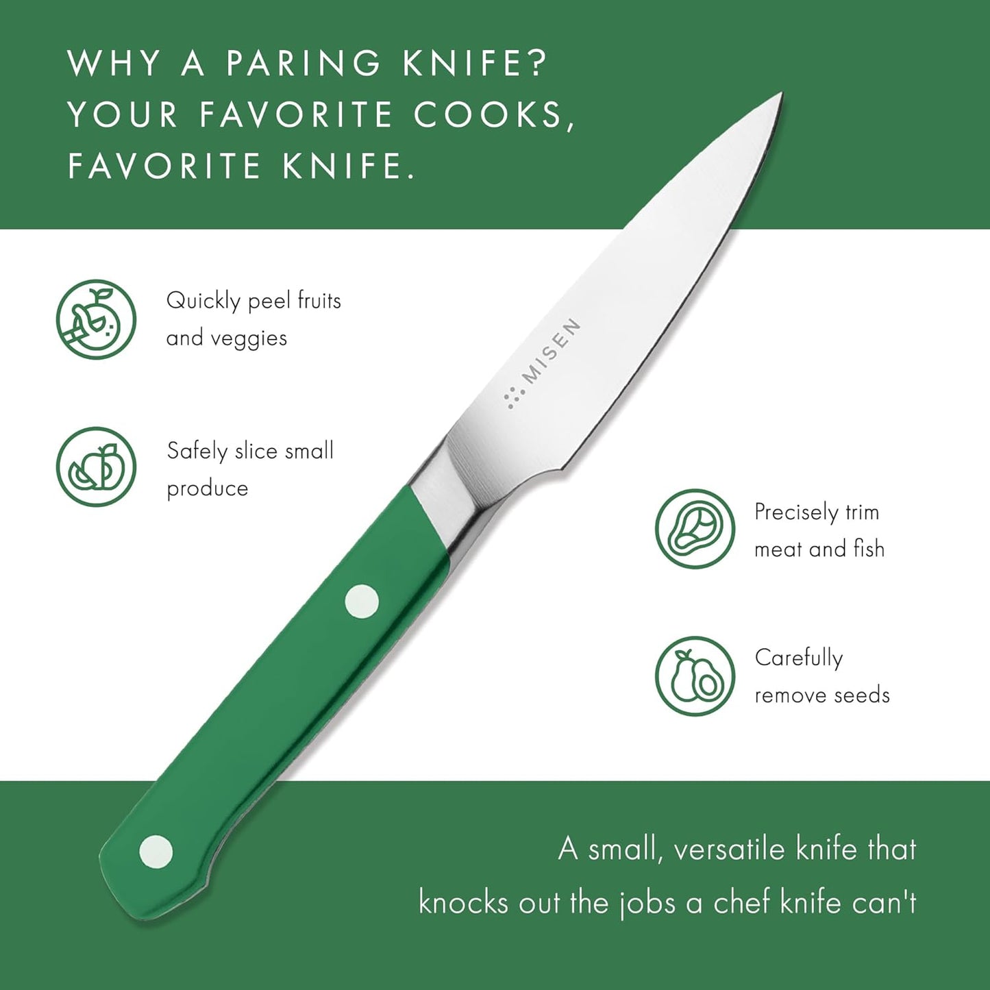 Misen 3.5" Paring Knife – Precision Kitchen Knife - High-Carbon Stainless Steel Blade – Ergonomic Handle for Peeling, Trimming, and Slicing – Lightweight, Versatile Tool for All Culinary Tasks - Green