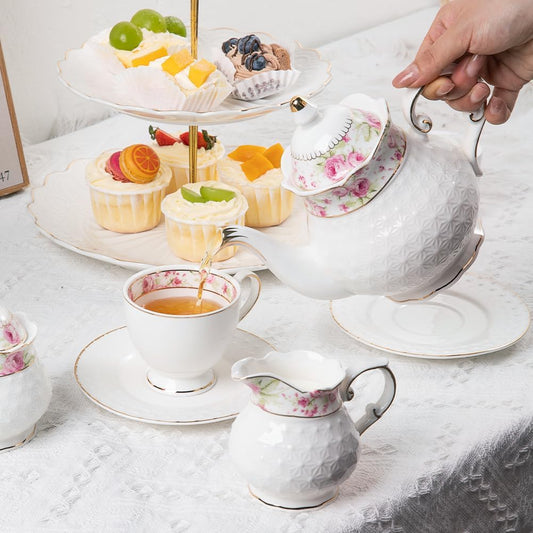 Sweejar 21 Pieces Porcelain Tea Set, Vintage Floral Gold Trimmed Teapot Cup and Saucer Set, Tea Cup for Loose Tea, Sugar Bowl and Creamer Pitcher with Spoons, Service for 6(Retro Flower)