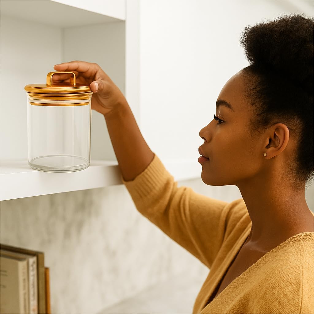 Gold Candy Jar with Lid – 16oz Decorative Clear PET Jar for Office Desk, Kitchen, or Bathroom – Cute Storage Container, Canister for Kitchen and Desk Organization