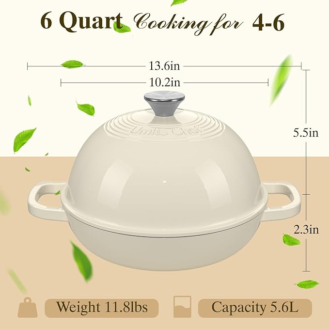 Enameled Round Cast Iron Bread Oven, 6 Qt Cast Iron Dutch Oven for Homemade Sourdough Bread Baking, Bread Pot with Dome Lid & Cotton Potholders (Cream White)
