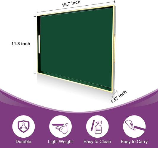 Gifturbo Large Serving Tray with Handles,Green Rectangular Plastic Elegant Decorative Coffee Table Trays for Ottoman, Living Room, Bathroom, Home Decor, Vanity Tray with Gold Trimming, 15.7” x 11.8”