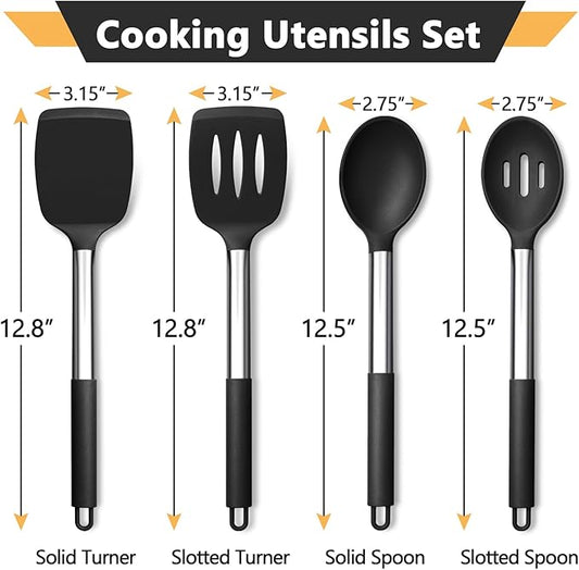 P&P CHEF Black Kitchen Cooking Utensil Set of 4, Silicone Solid Spatulas Slotted Spoons Turners for Non-stick Cookware Flipping Mixing, Heat-proof