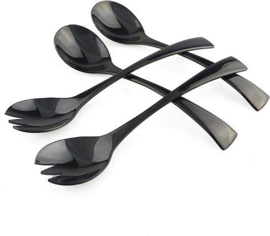 4-Pieces 18/10 Stainless Steel Salad Set, 2 Salad Fork 2 Salad Spoon, Mirror Polishing Black