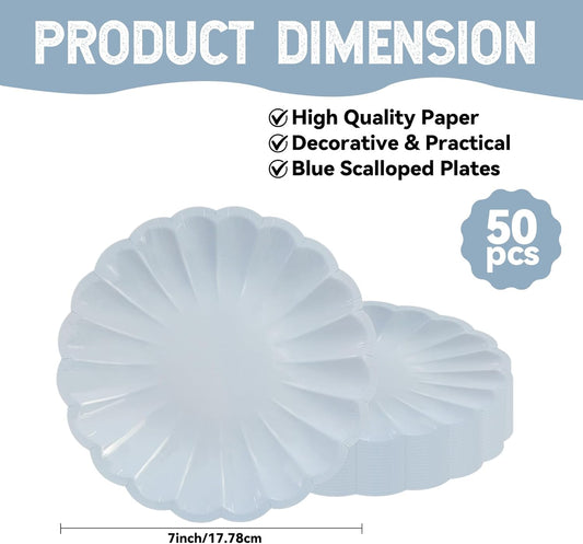 50Pcs Large Scalloped Light Blue Paper Plates 7Inch Shell Edge Dessert Plates for Cake Salad Fruit Disposable Dessert Serving Plates for Birthday Wedding Baby Shower Party Decorations