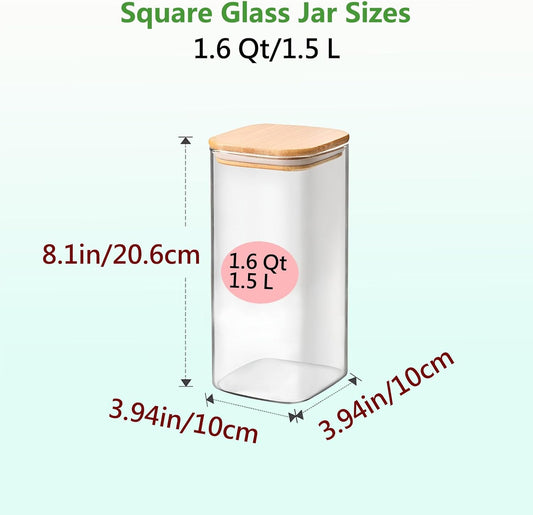 1.6 Qt Square Glass Storage Containers with Lids, Clear Food Storage Container Jar with Sealing Bamboo Lid for Noodles Flour Cereal Rice Sugar Tea Coffee Beans,Square Set of 3