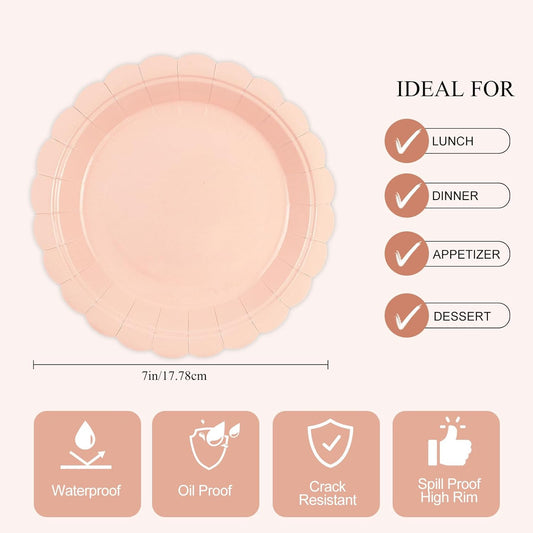 50Pcs Pink Paper Plates-7 Inch Solid Color Scalloped Disposable Birthday Dinnerware Set Disposable Dinner Party Supplies for Wedding Baby Shower Fall Pininc Birthday Table Decor