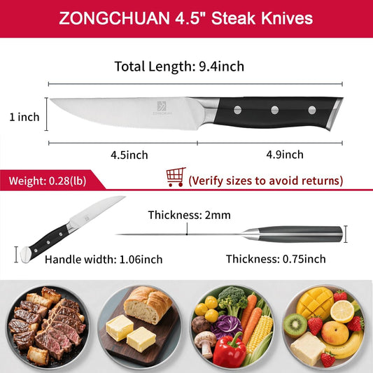 4.5 Inch Steak Knives Set of 6, Micro-Cutting Point Serrated Edge, Very Sharp Steak Knife, Dishwasher Safe, 50CR15MOV Stainless Steel, Handle Ergonomic And Full Tang Design With Gift Box
