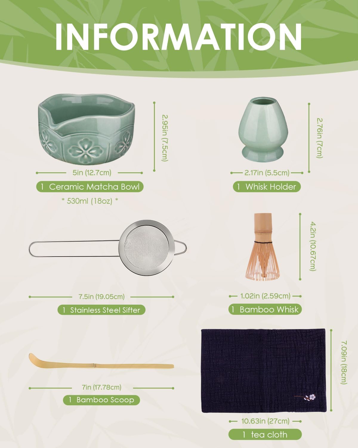 Matcha Whisk Set, Ceramic Matcha Set Includes Matcha Bowl with Spout, Matcha Whisk and Holder, Bamboo Scoop, Sifter and Tea Towel - 6 Pcs Matcha Kit Gift for Matcha Lovers Beginners (Green)